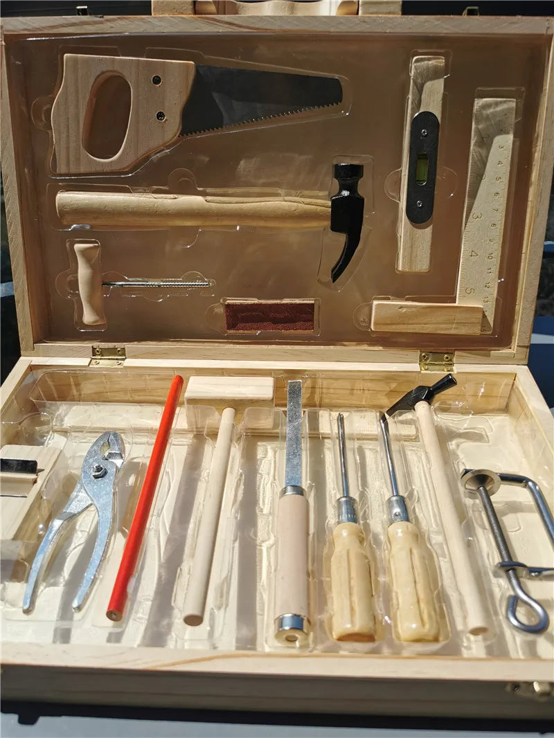 Children Real Life Wooden Carpenter's Box Tools