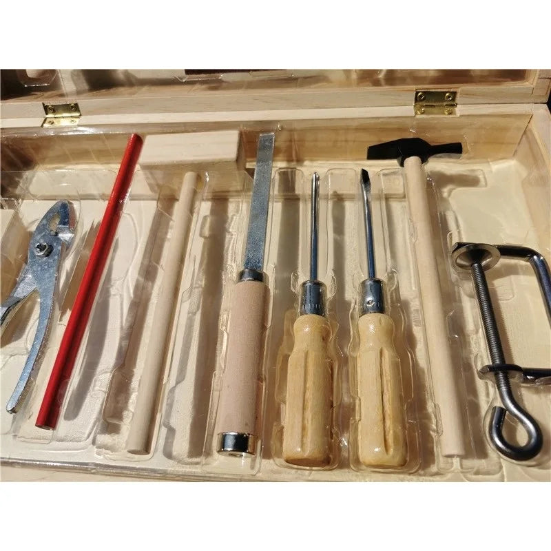 Children Real Life Wooden Carpenter's Box Tools